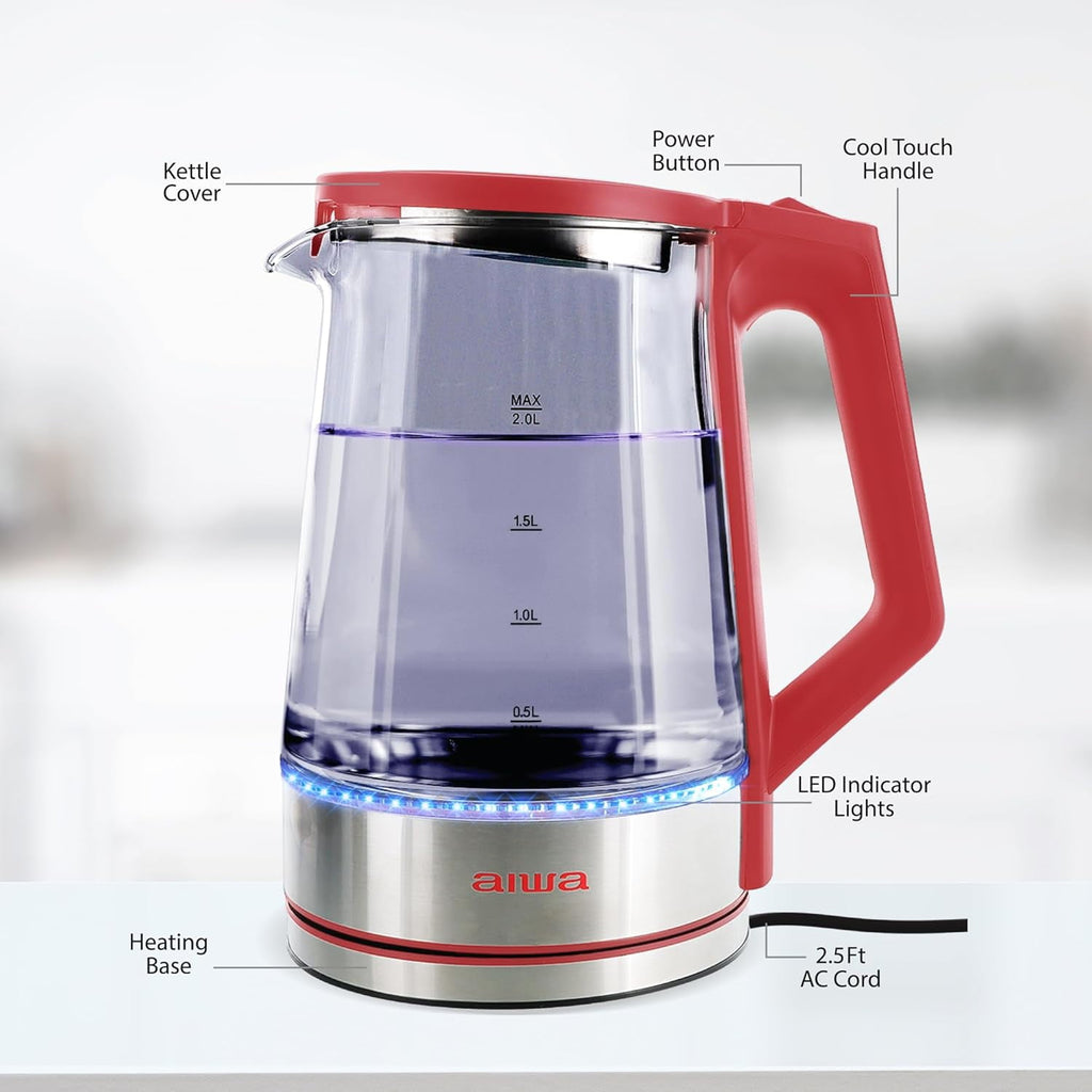 Aiwa 2-Liter Glass Electric Water Kettle, Cordless Hot Water Boiler with Auto-Shutoff, Red