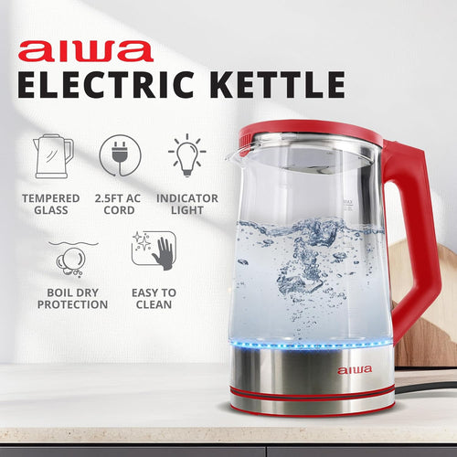Aiwa 2-Liter Glass Electric Water Kettle, Cordless Hot Water Boiler with Auto-Shutoff, Red