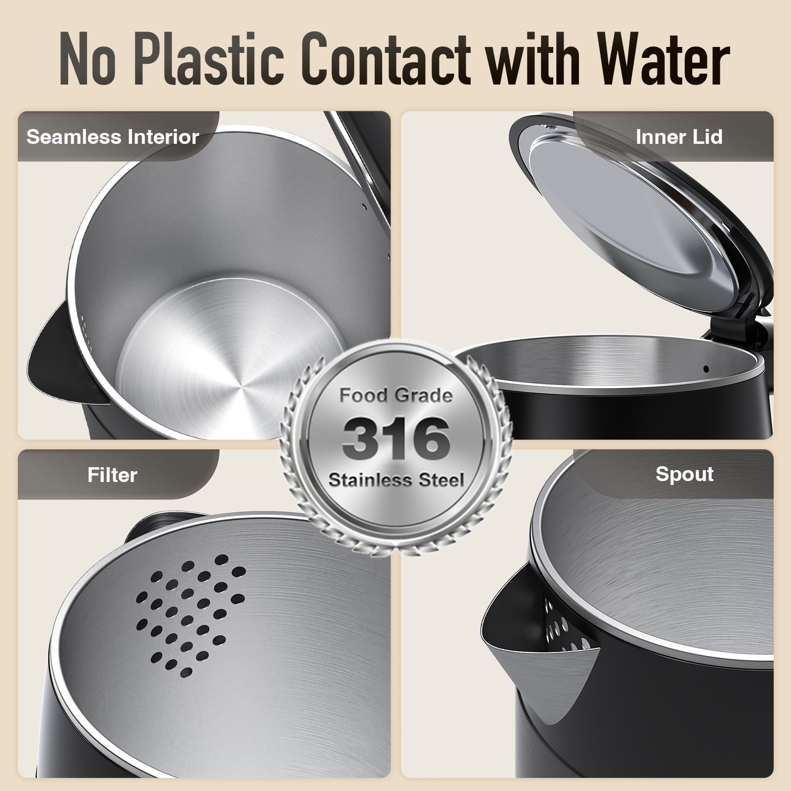 Mecity Electric Kettle Touch Screen Temperature Control Water Boiler, No Plastic Contact with Water. 6 Preset Temperature Programs, 2 Hours Keep Warm, 1.7 Liter Dark Grey