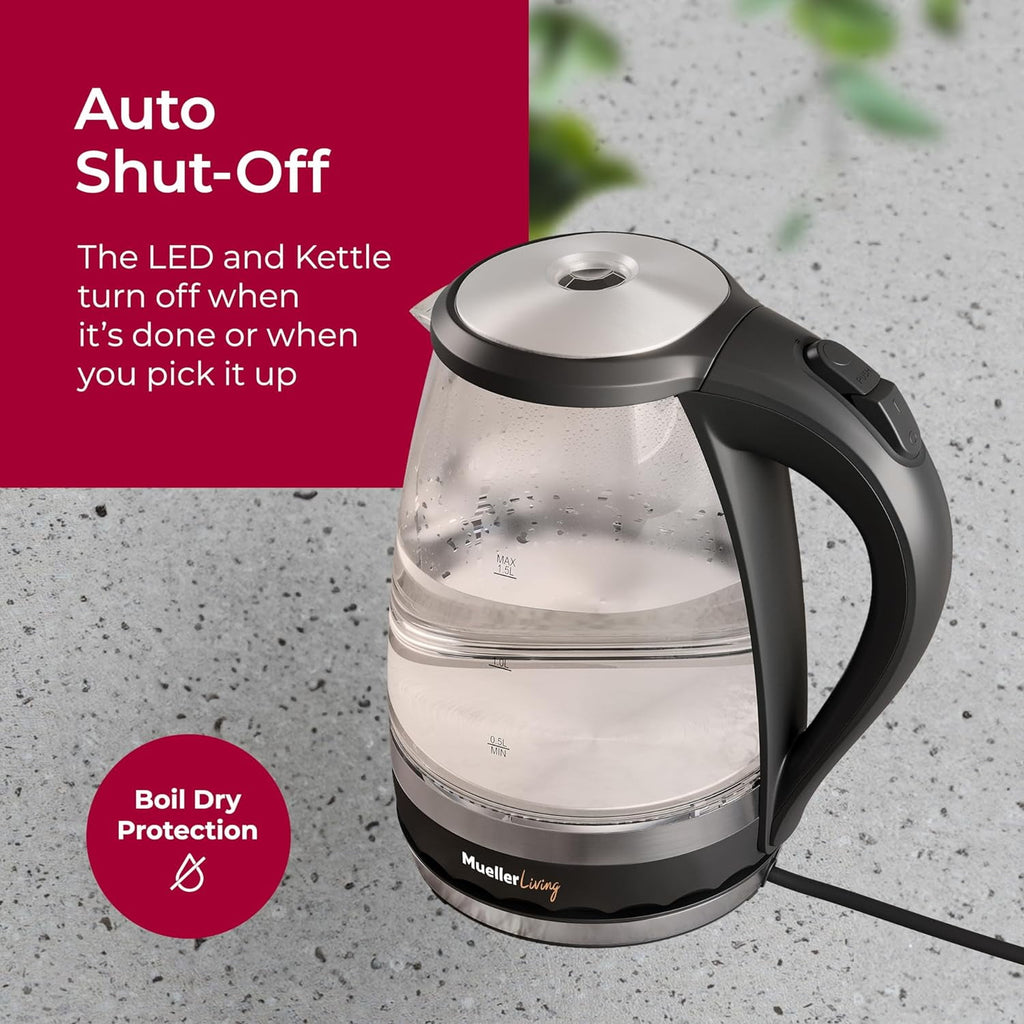 Mueller Electric Kettle, Electric Tea Kettle for Boiling Water, 1500W SpeedBoil Teach Automatic Shutoff, 1.5L Cordless with LED Light, Borosilicate Glass Tea Kettle Pot Water Heater, BPA Free