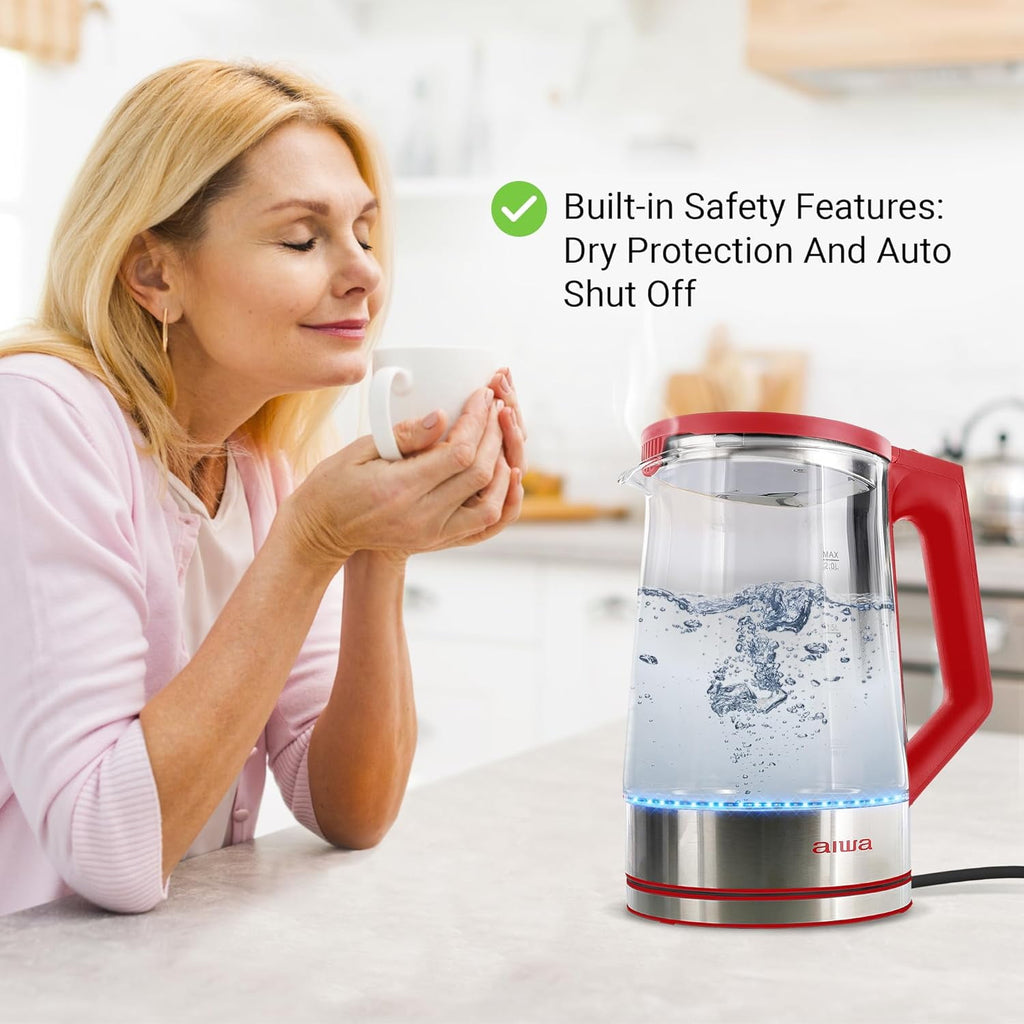 Aiwa 2-Liter Glass Electric Water Kettle, Cordless Hot Water Boiler with Auto-Shutoff, Red