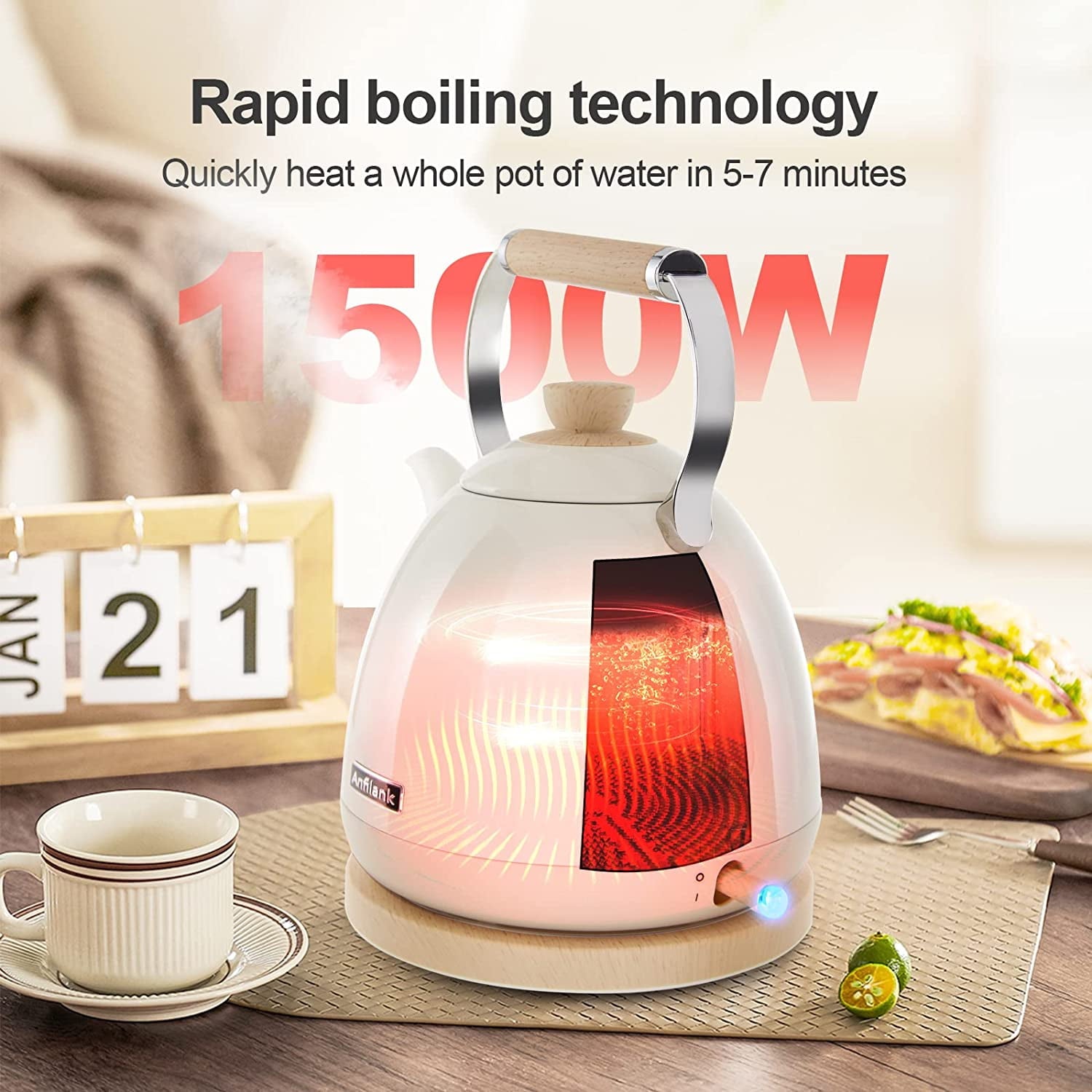 Anfilank 1500 W 1.7-Liter 7-Cup Electric Kettle, Cream with Removable Filter, Boil Dry Protection