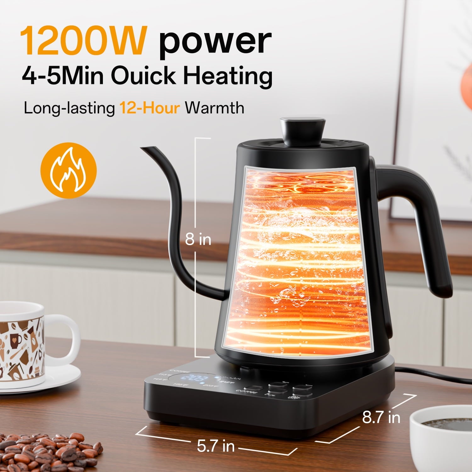 TINANA Gooseneck Electric Kettle, 5 Preset Temp Control, ±1℉ Precision, 1.0L Pour Over Kettle for Coffee & Tea, Stainless Steel Interior, 1200W, Black