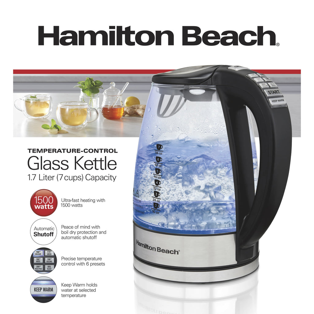 Hamilton Beach Temperature-Control Electric Glass Kettle, Tea & Water Kettle, 1.7L with Auto Shutoff and Ultra-Fast Heating