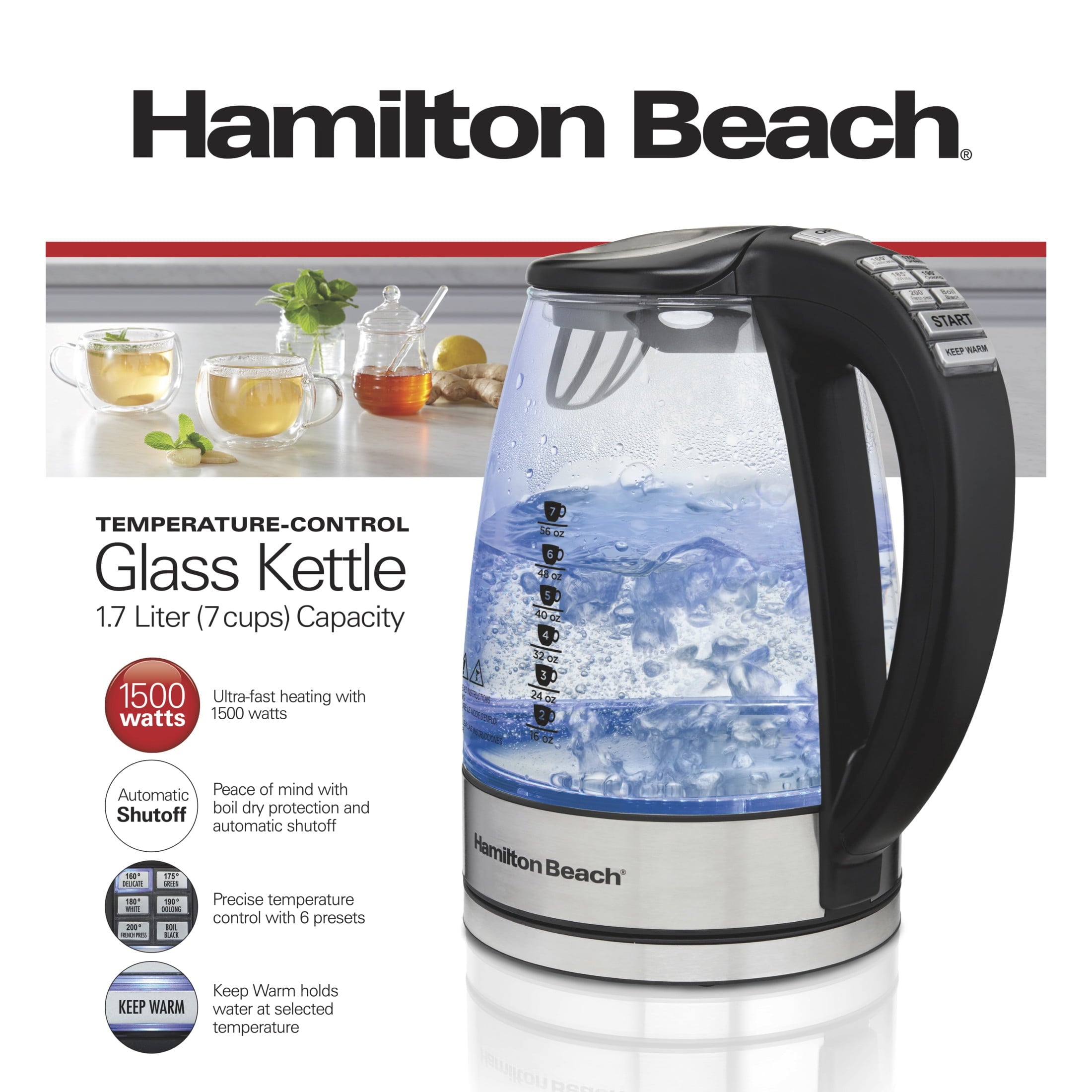 Hamilton Beach Temperature-Control Electric Glass Kettle, Tea & Water Kettle, 1.7L with Auto Shutoff and Ultra-Fast Heating