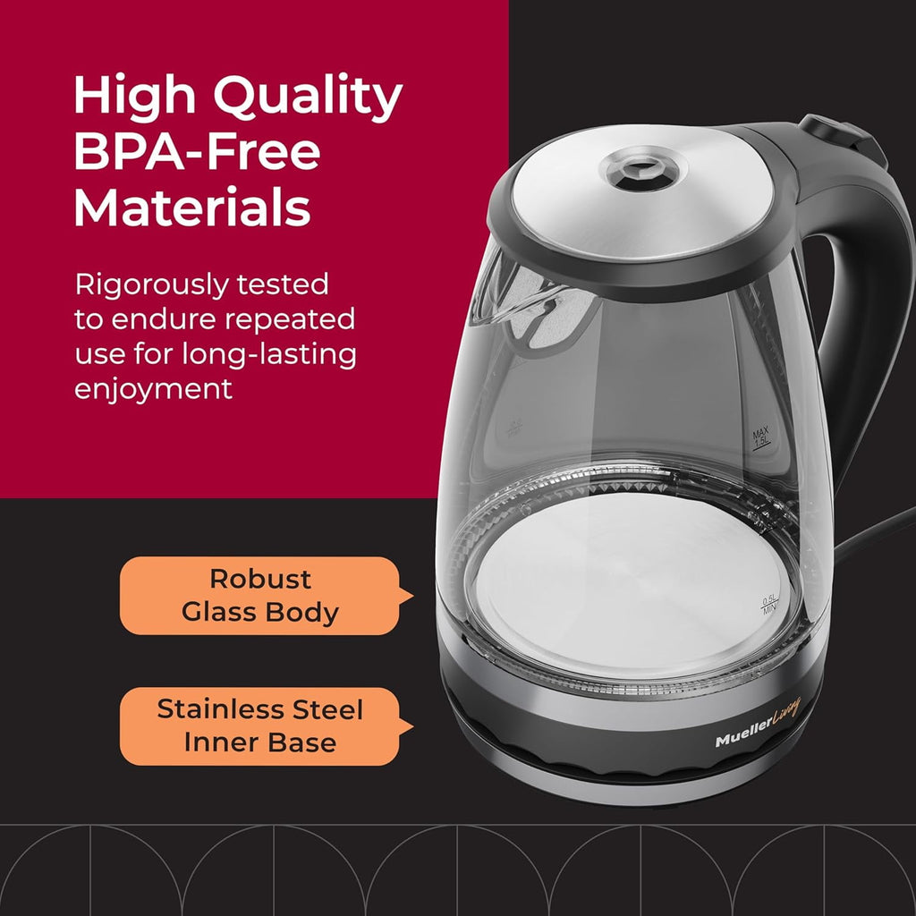 Mueller Electric Kettle, Electric Tea Kettle for Boiling Water, 1500W SpeedBoil Teach Automatic Shutoff, 1.5L Cordless with LED Light, Borosilicate Glass Tea Kettle Pot Water Heater, BPA Free