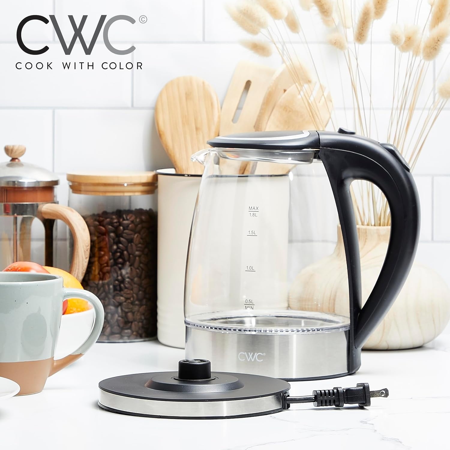 COOK WITH COLOR Rapid Boil Electric Kettle 1200-Watt Glass Water Boiler, 1.7 L Black