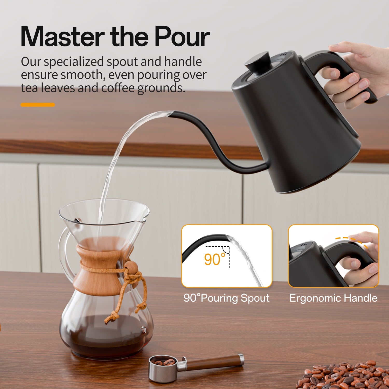 TINANA Gooseneck Electric Kettle, 5 Preset Temp Control, ±1℉ Precision, 1.0L Pour Over Kettle for Coffee & Tea, Stainless Steel Interior, 1200W, Black