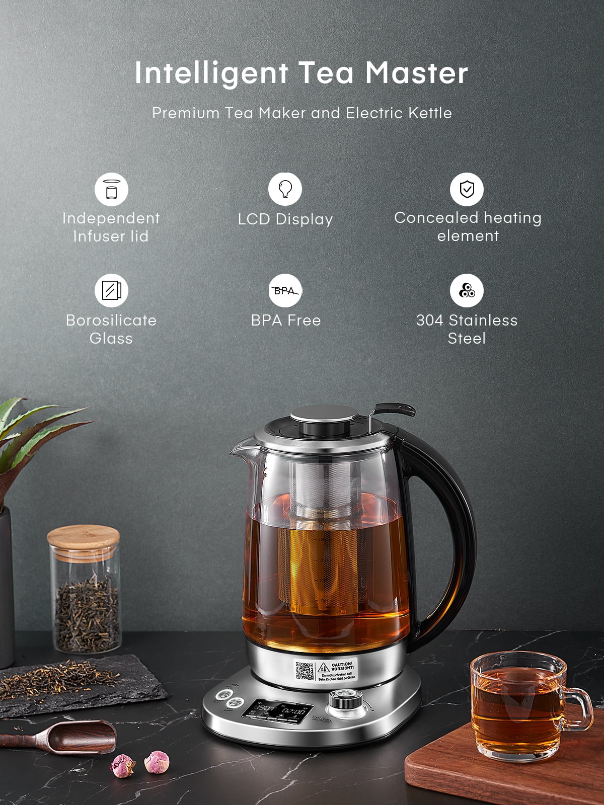 FOHERE Electric Tea Kettle, Electric Kettle Temperature Control with 9 Presets, 2Hr Keep Warm, Removable Tea Infuser,Silver Stainless Steel Glass Boiler, BPA Free, 1.7L