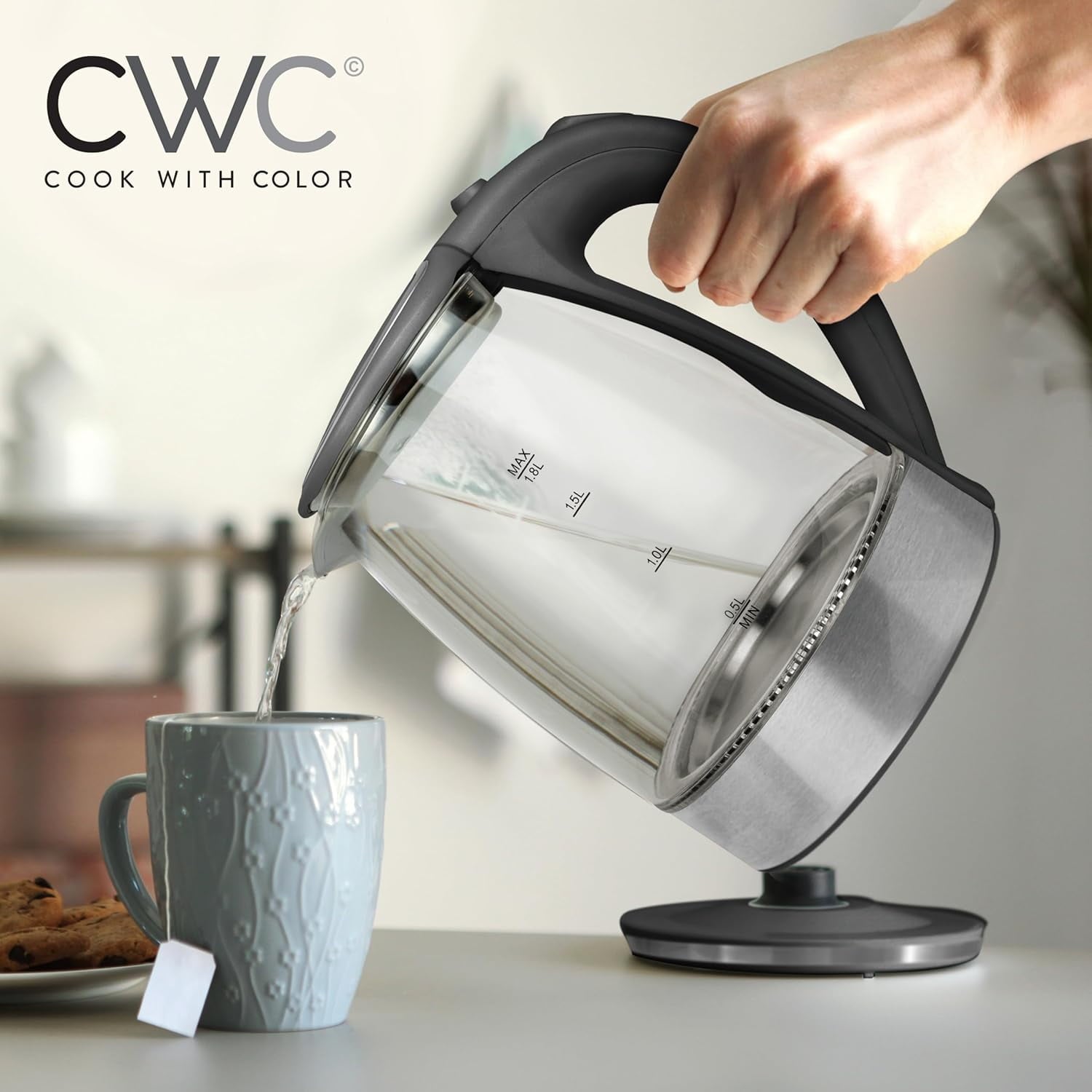 COOK WITH COLOR Rapid Boil Electric Kettle 1200-Watt Glass Water Boiler, 1.7 L Black