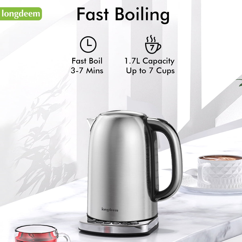 LONGDEEM Electric Kettle with Temp Control, 5 Presets & Keep Warm, 1.7L/1500W Stainless Steel, Silver