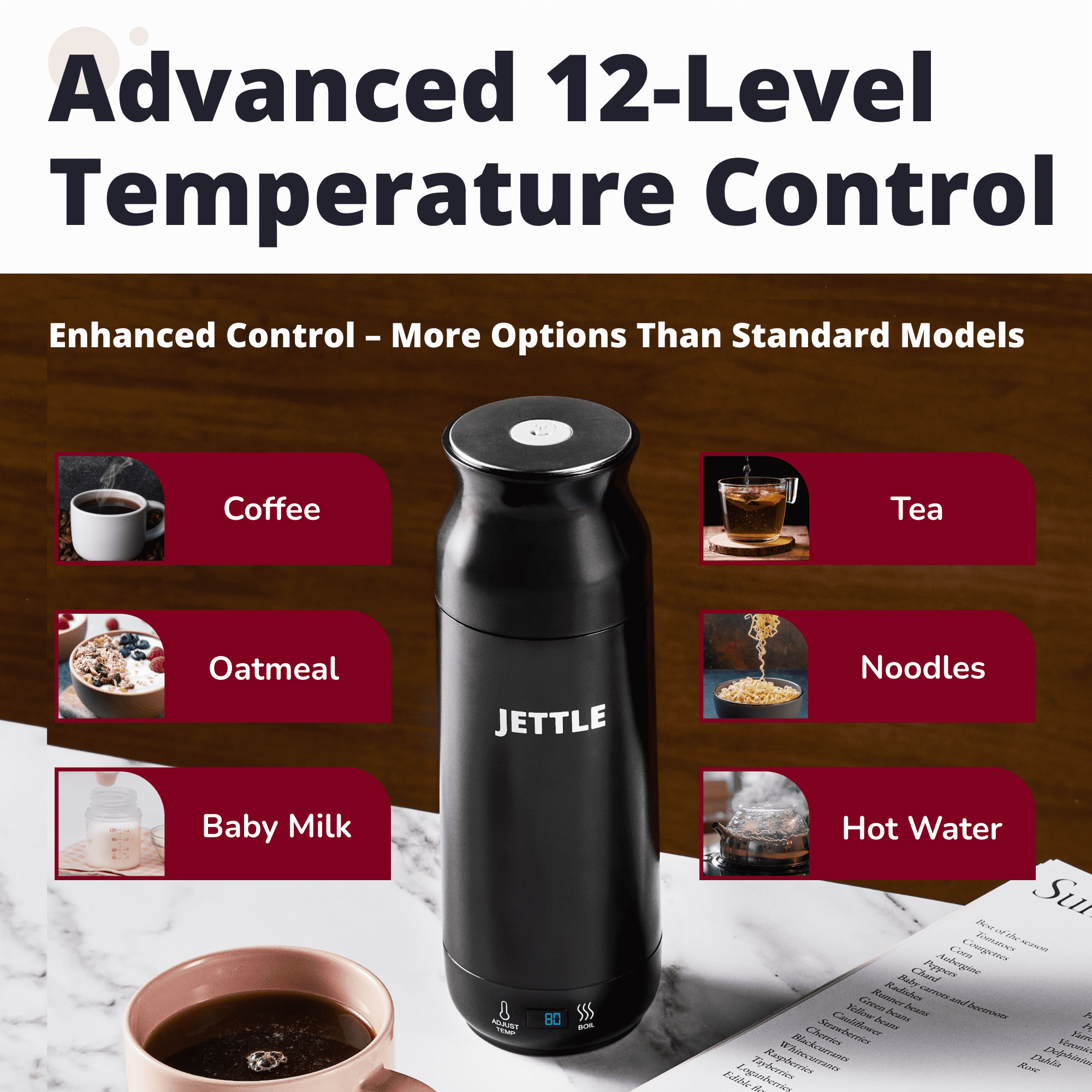 Jettle Electric Kettle 450ml - Stainless Steel Temperature Control Bottle - Electric Tea Kettles Automatic Shut off for Coffee Milk Soup Water - Black