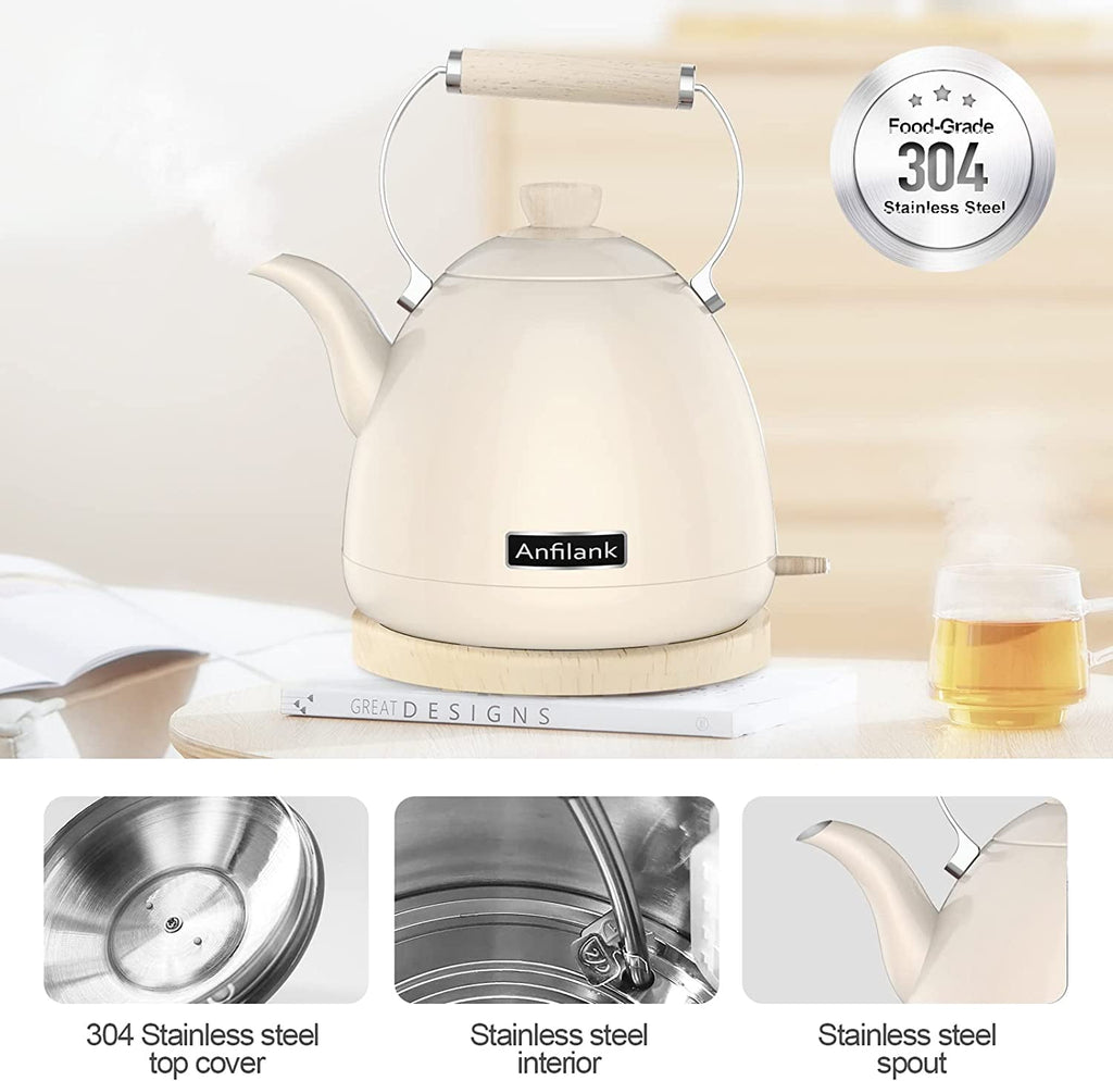Anfilank 1500 W 1.7-Liter 7-Cup Electric Kettle, Cream with Removable Filter, Boil Dry Protection