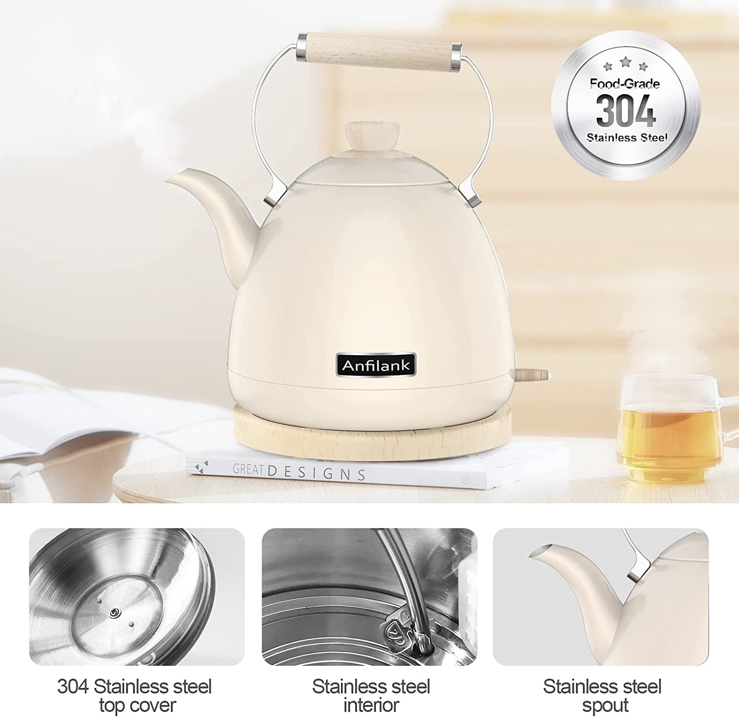 Anfilank 1500 W 1.7-Liter 7-Cup Electric Kettle, Cream with Removable Filter, Boil Dry Protection