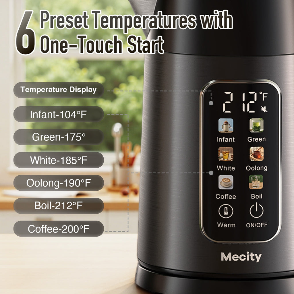 Mecity Electric Kettle Touch Screen Temperature Control Water Boiler, No Plastic Contact with Water. 6 Preset Temperature Programs, 2 Hours Keep Warm, 1.7 Liter Dark Grey