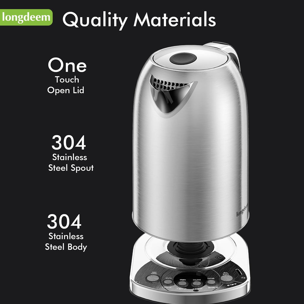 LONGDEEM Electric Kettle with Temp Control, 5 Presets & Keep Warm, 1.7L/1500W Stainless Steel, Silver