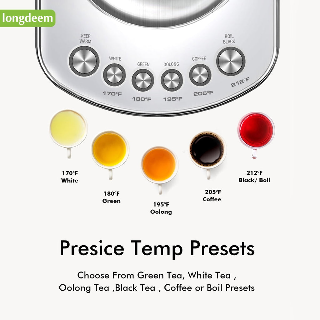 LONGDEEM Electric Kettle with Temp Control, 5 Presets & Keep Warm, 1.7L/1500W Stainless Steel, Silver