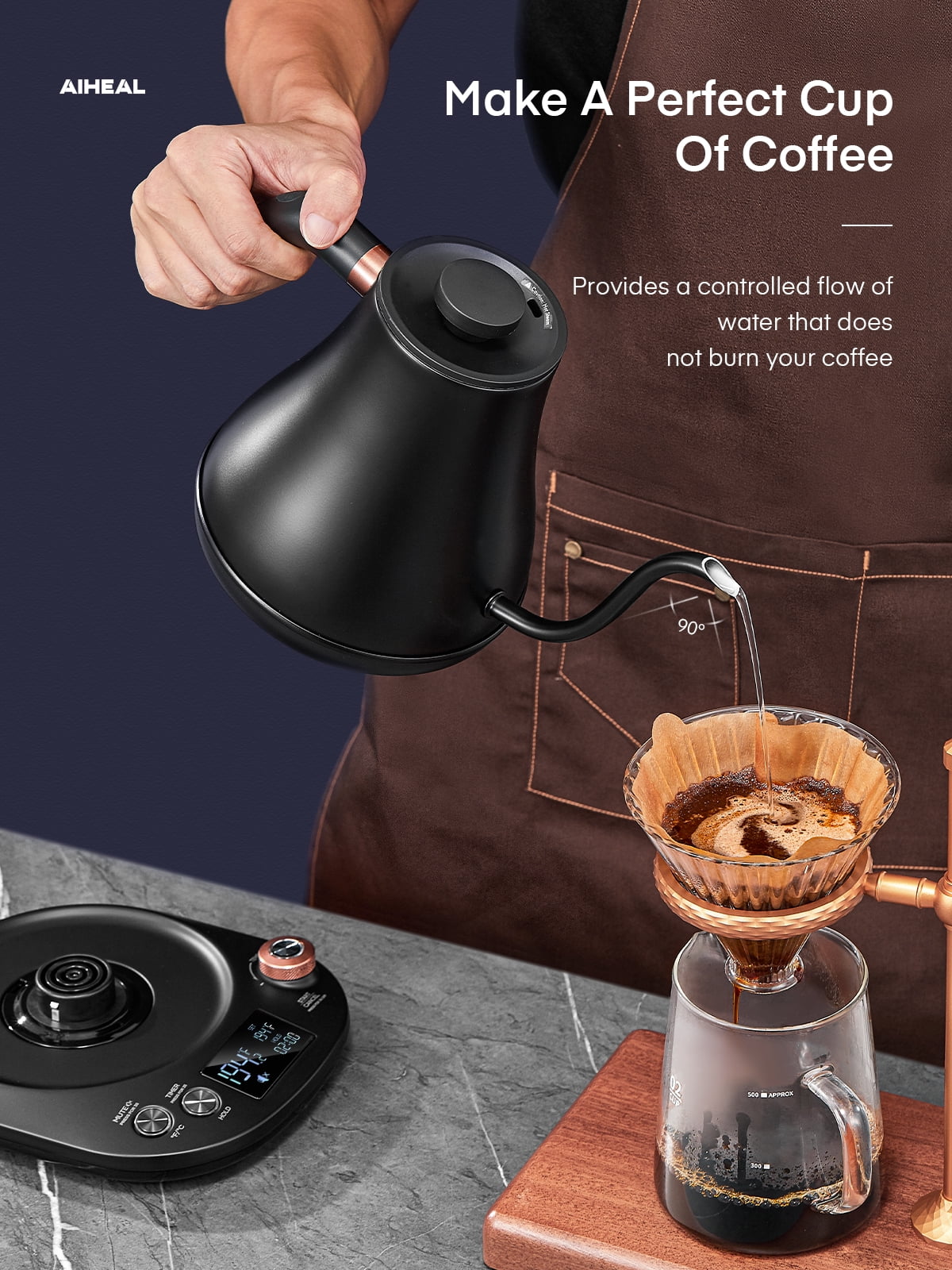 Electric Gooseneck Kettle Temperature Control, Pour Over Electric Kettle for Coffee and Tea, 100% Stainless Steel Inner, 1200W Rapid Heating, 0.8L, Built-in Stopwatch, Matte Black