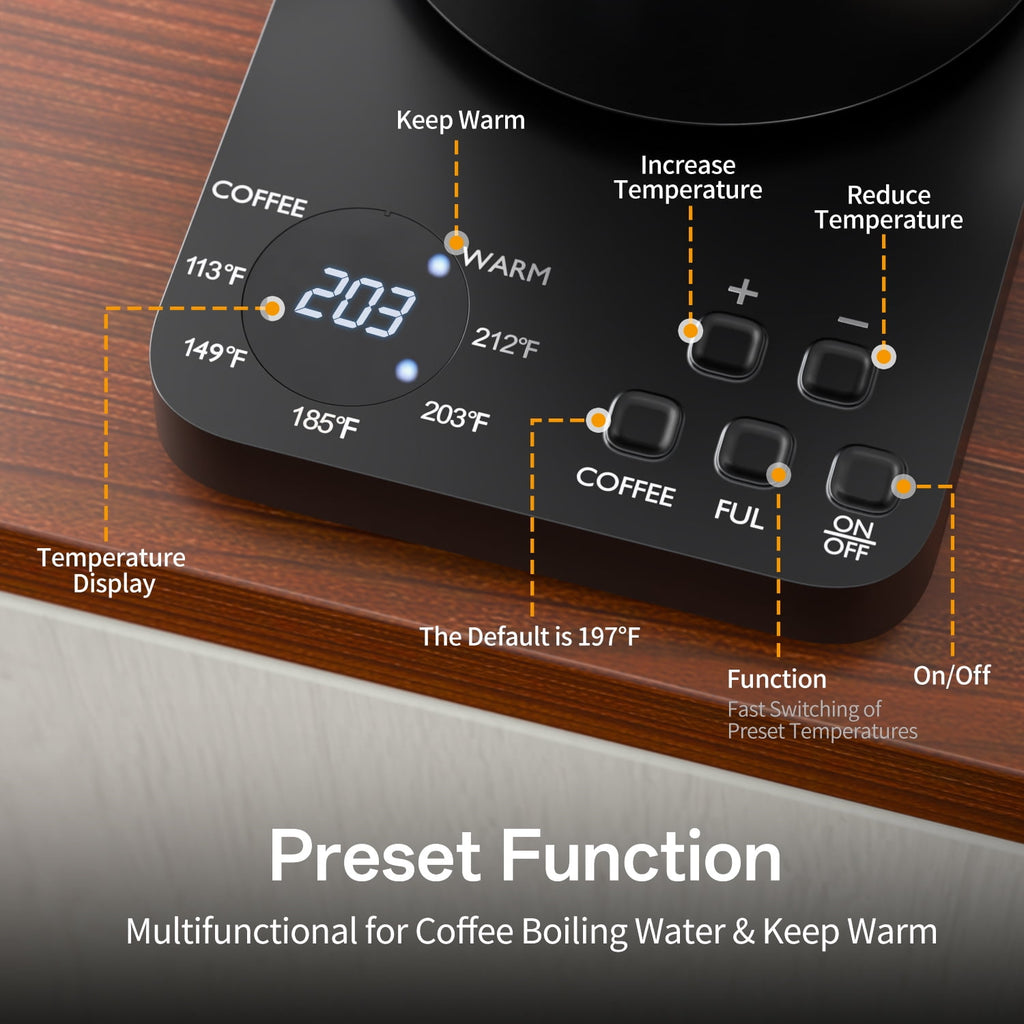 TINANA Gooseneck Electric Kettle, 5 Preset Temp Control, ±1℉ Precision, 1.0L Pour Over Kettle for Coffee & Tea, Stainless Steel Interior, 1200W, Black