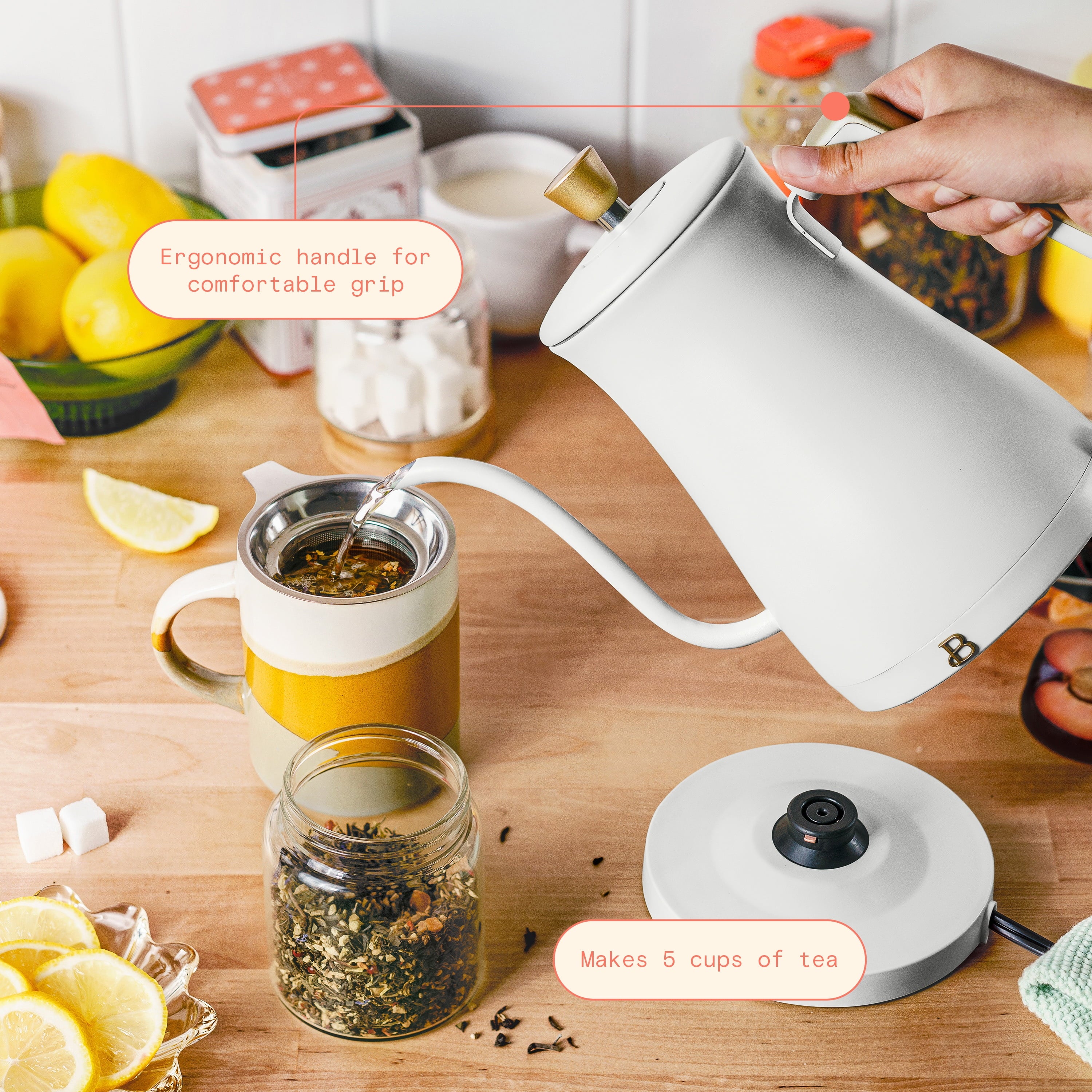 Beautiful 1-Liter Electric Gooseneck Kettle 1200 W, White Icing by Drew Barrymore