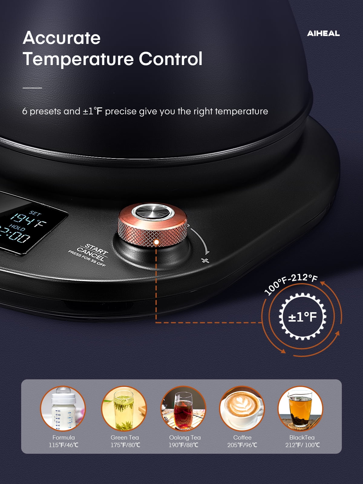 Electric Gooseneck Kettle Temperature Control, Pour Over Electric Kettle for Coffee and Tea, 100% Stainless Steel Inner, 1200W Rapid Heating, 0.8L, Built-in Stopwatch, Matte Black