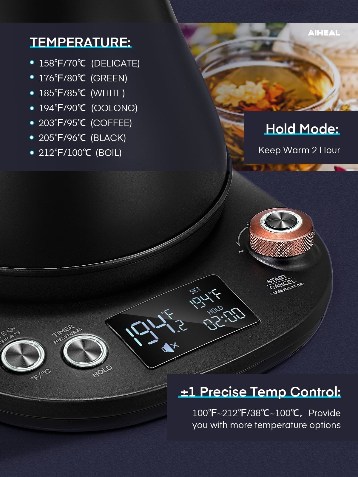 Electric Gooseneck Kettle Temperature Control, Pour Over Electric Kettle for Coffee and Tea, 100% Stainless Steel Inner, 1200W Rapid Heating, 0.8L, Built-in Stopwatch, Matte Black