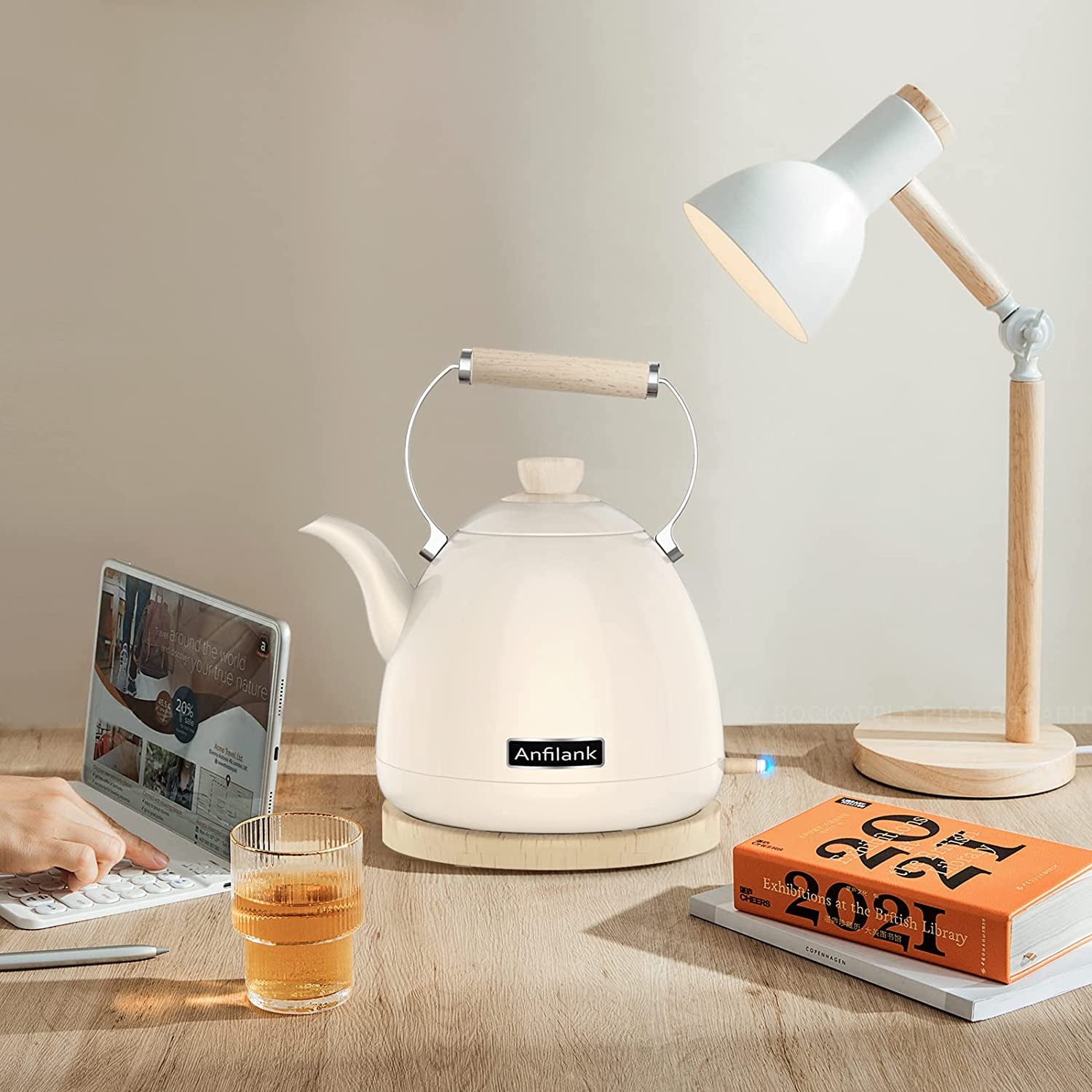 Anfilank 1500 W 1.7-Liter 7-Cup Electric Kettle, Cream with Removable Filter, Boil Dry Protection