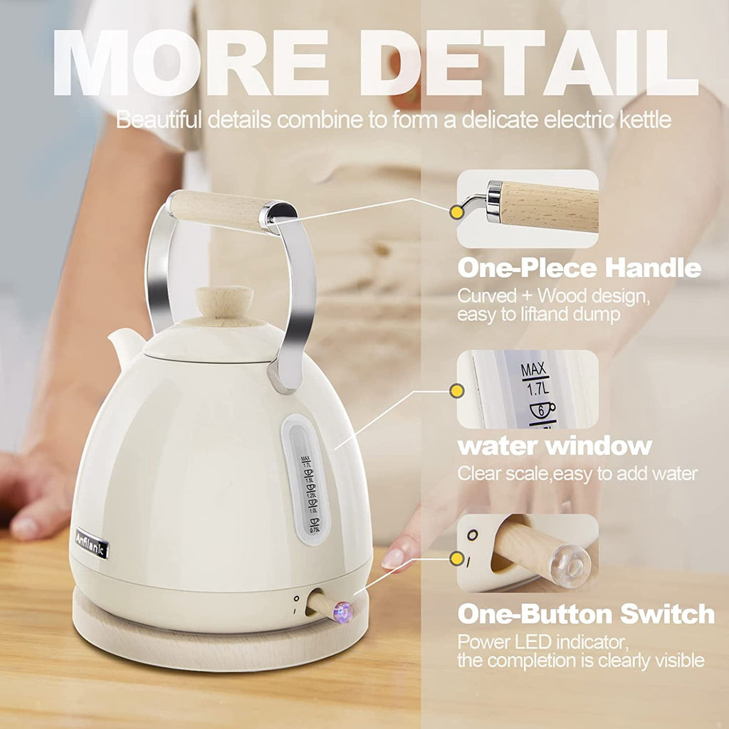 Anfilank 1500 W 1.7-Liter 7-Cup Electric Kettle, Cream with Removable Filter, Boil Dry Protection