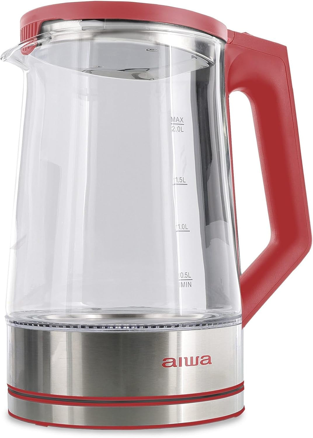 Aiwa 2-Liter Glass Electric Water Kettle, Cordless Hot Water Boiler with Auto-Shutoff, Red