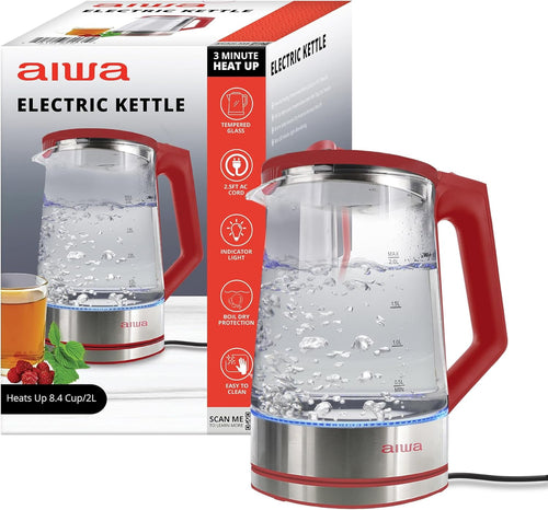 Aiwa 2-Liter Glass Electric Water Kettle, Cordless Hot Water Boiler with Auto-Shutoff, Red