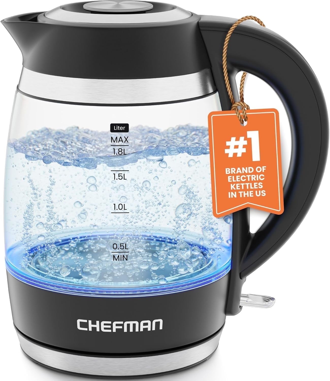 Chefman Rapid-Boil 1.8L Electric Kettle w/ Removable Lid and LED Indicator Lights - Black