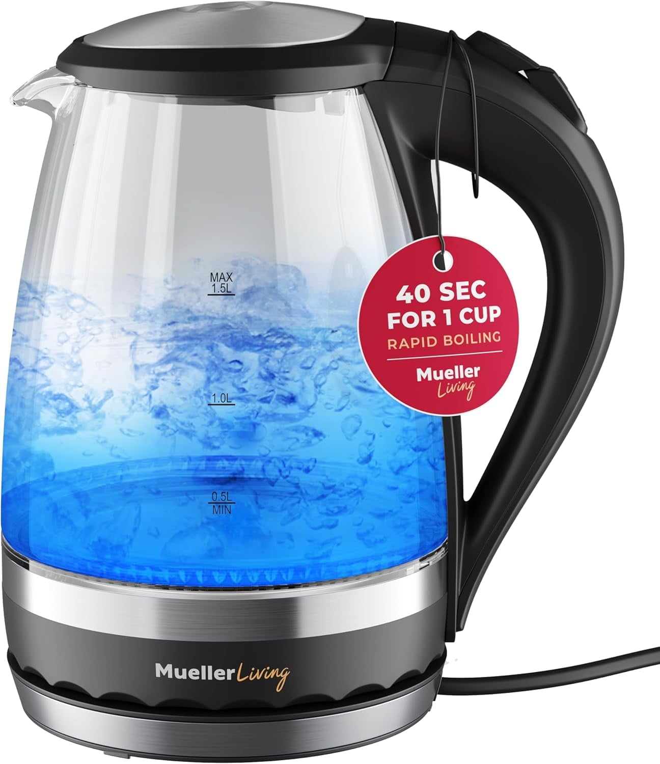 Mueller Electric Kettle, Electric Tea Kettle for Boiling Water, 1500W SpeedBoil Teach Automatic Shutoff, 1.5L Cordless with LED Light, Borosilicate Glass Tea Kettle Pot Water Heater, BPA Free
