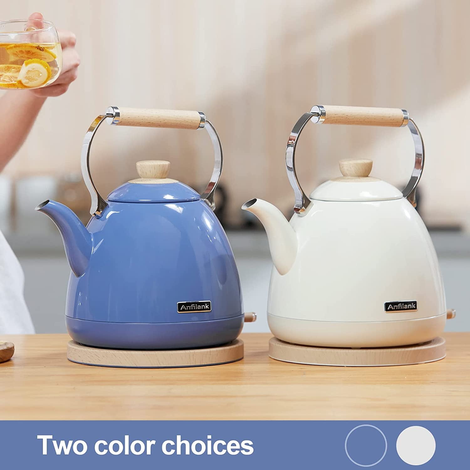 Anfilank 1500 W 1.7-Liter 7-Cup Electric Kettle, Cream with Removable Filter, Boil Dry Protection