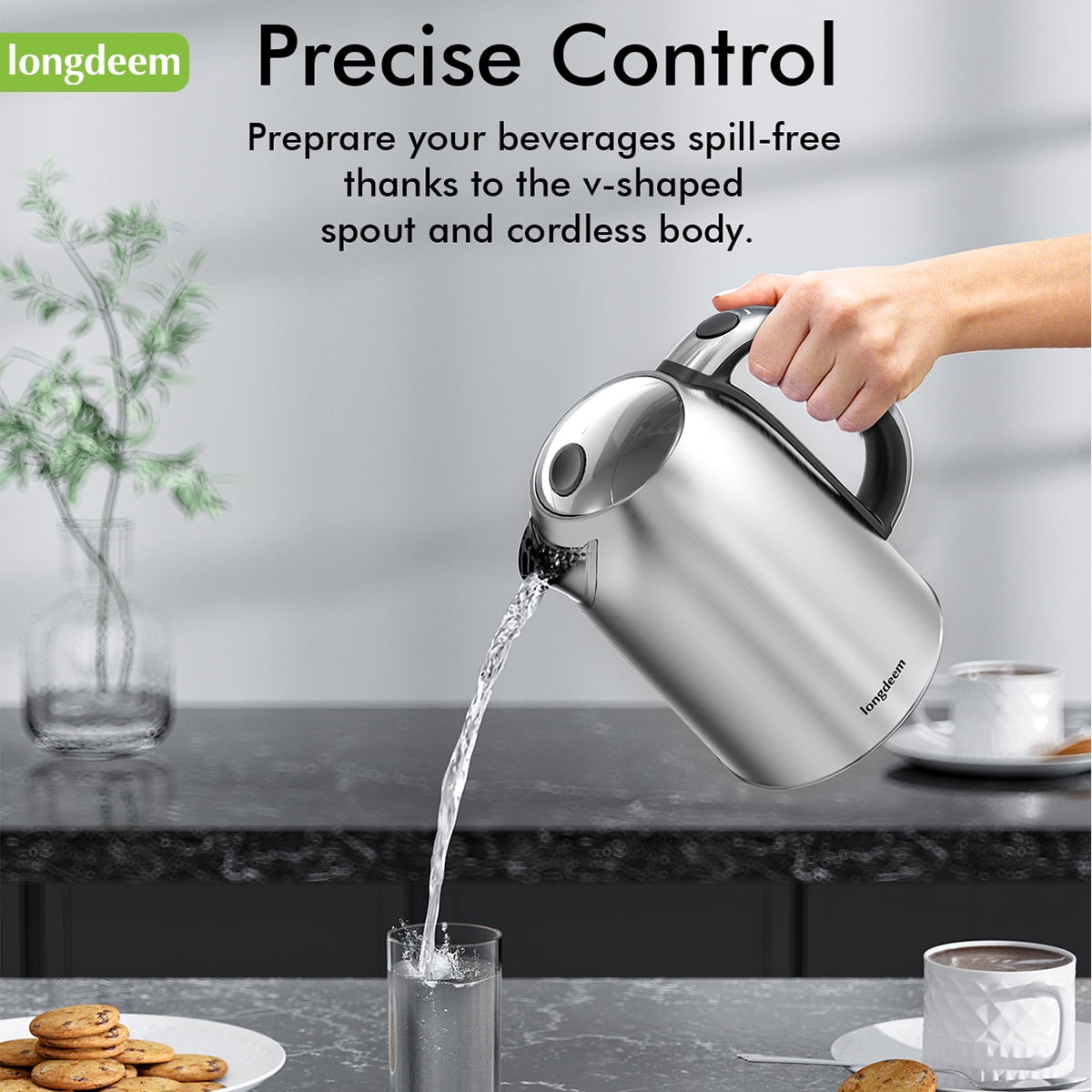 LONGDEEM Electric Kettle with Temp Control, 5 Presets & Keep Warm, 1.7L/1500W Stainless Steel, Silver