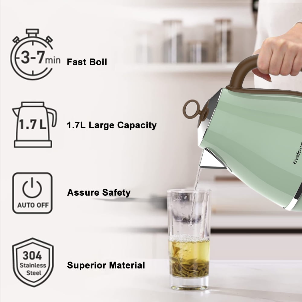 Evoloop 1.7L Electric Kettles, BPA Free Tea Kettle, Hot Water Boiler Heater, Stainless Steel Teapot, 120V/1500W, Green