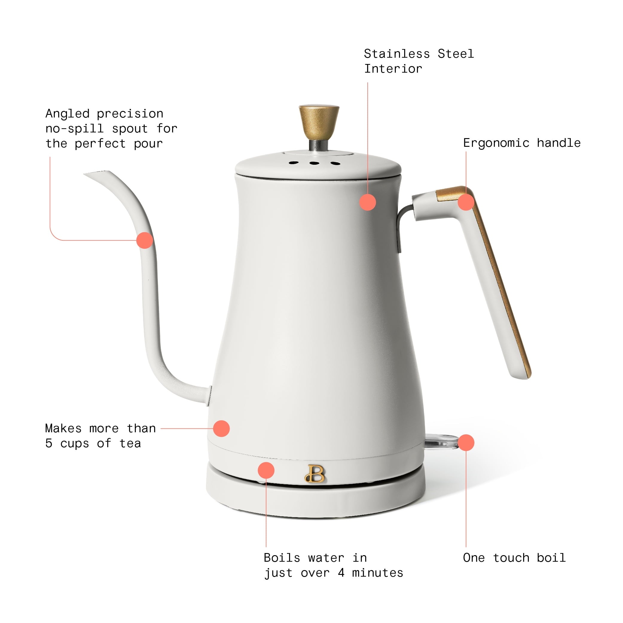 Beautiful 1-Liter Electric Gooseneck Kettle 1200 W, White Icing by Drew Barrymore