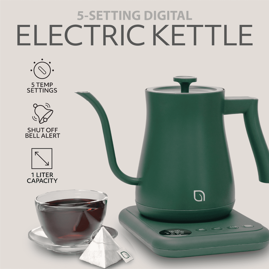 Willow Kitchen 1L Gooseneck Electric Kettle for Pour Over Coffee & Tea, Temperature Control & Automatic Shutoff, Rapid Boil Hot Water Kettle Pot, Green