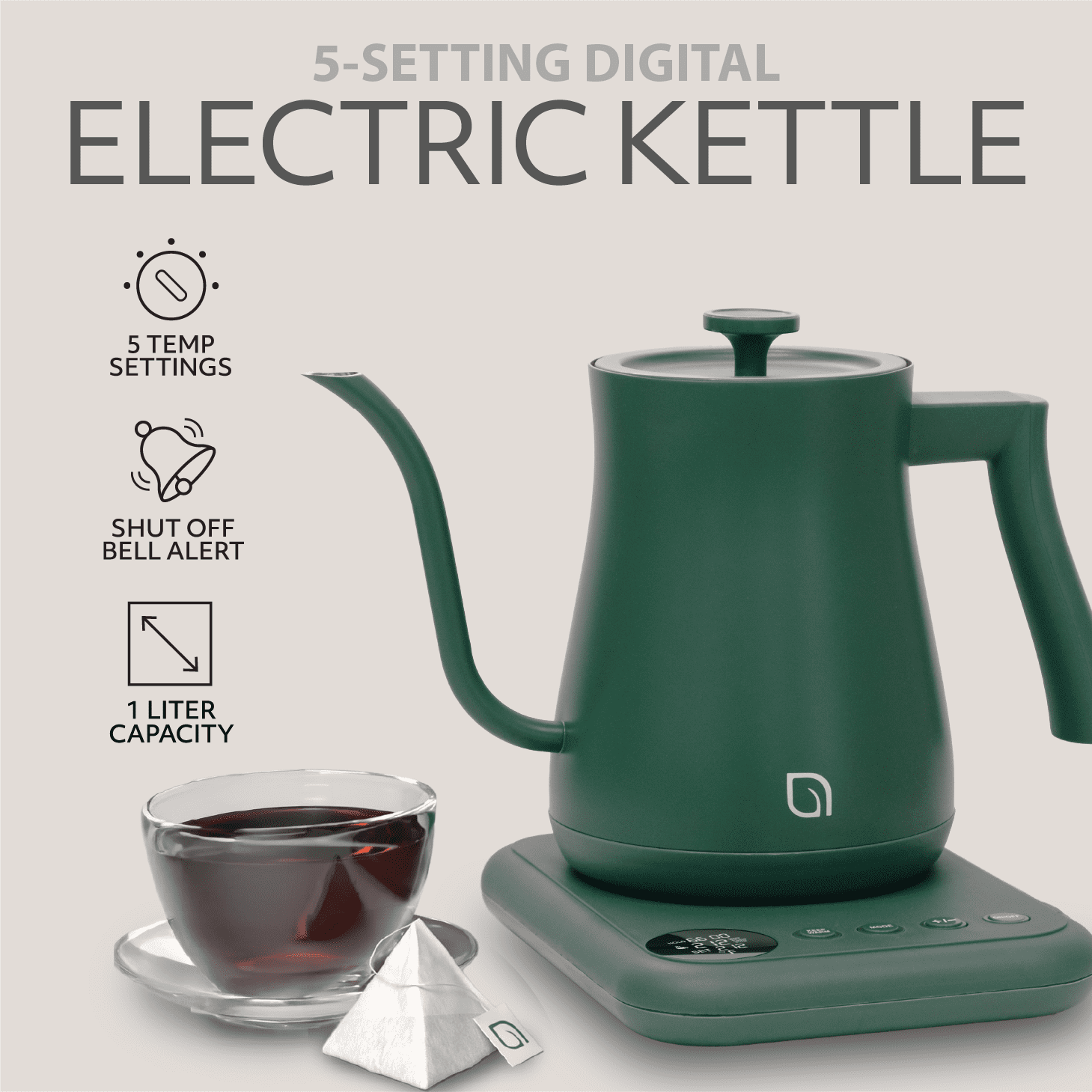 Willow Kitchen 1L Gooseneck Electric Kettle for Pour Over Coffee & Tea, Temperature Control & Automatic Shutoff, Rapid Boil Hot Water Kettle Pot, Green