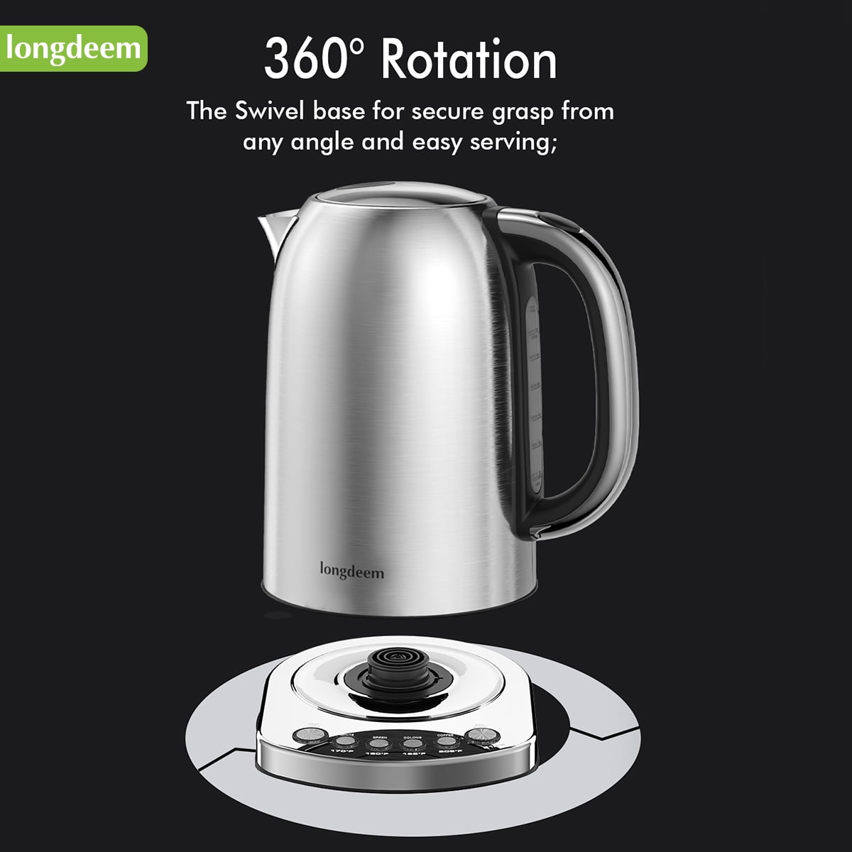 LONGDEEM Electric Kettle with Temp Control, 5 Presets & Keep Warm, 1.7L/1500W Stainless Steel, Silver