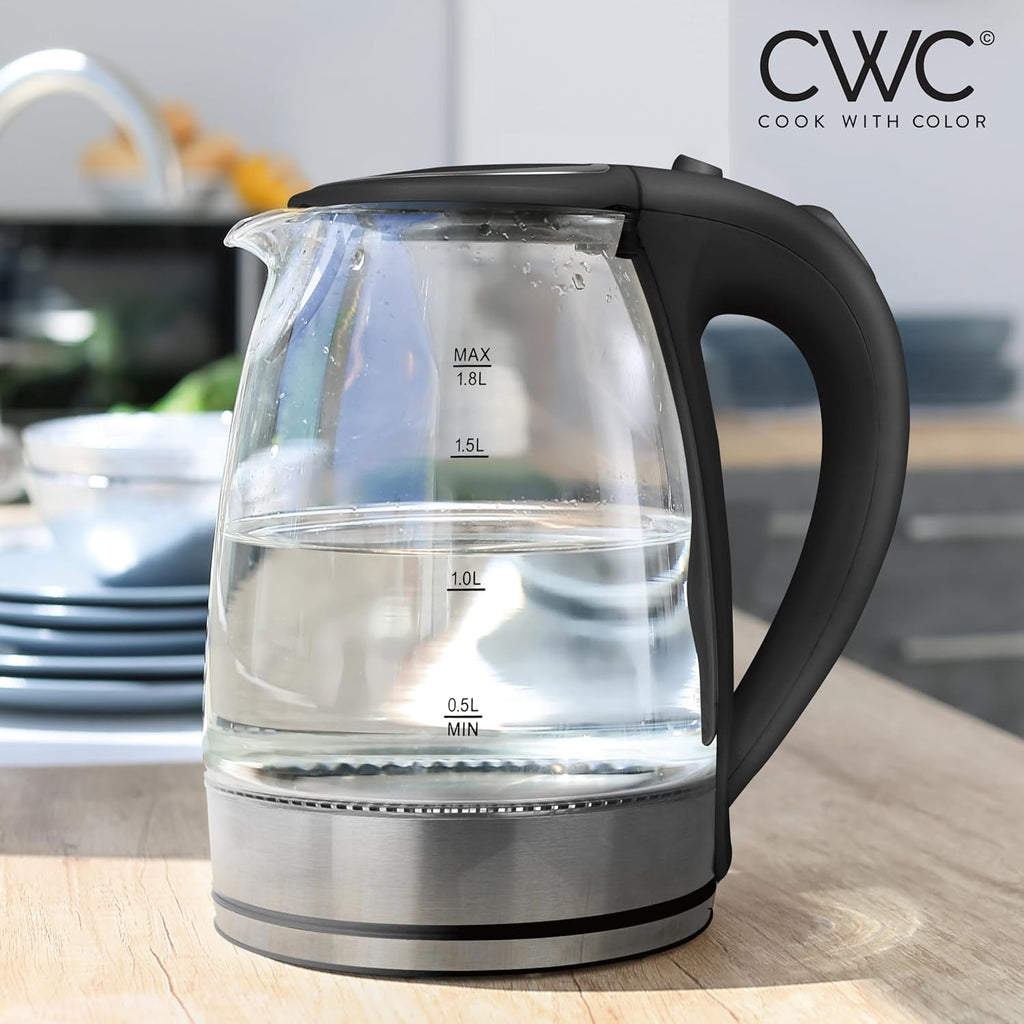 COOK WITH COLOR Rapid Boil Electric Kettle 1200-Watt Glass Water Boiler, 1.7 L Black