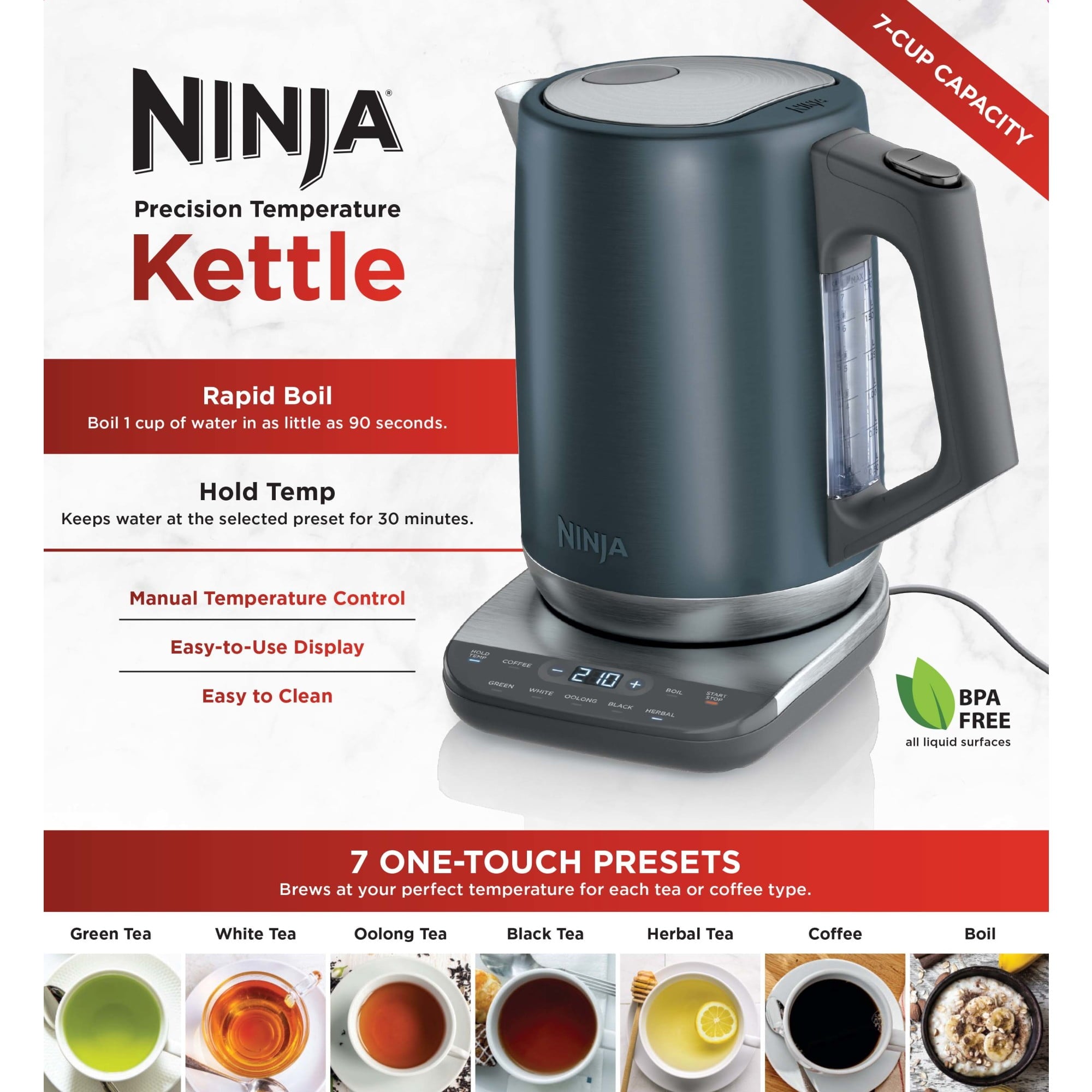 Ninja Precision Temperature Electric Kettle with 7 Presets and Rapid Boil, 7-Cup Capacity, Blue Stainless