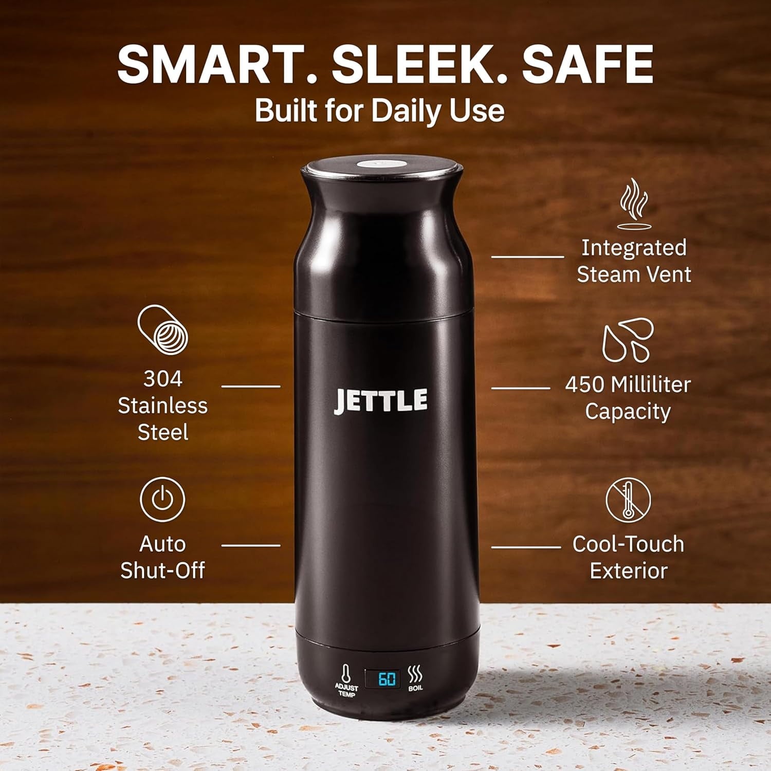 Jettle Electric Kettle 450ml - Stainless Steel Temperature Control Bottle - Electric Tea Kettles Automatic Shut off for Coffee Milk Soup Water - Black