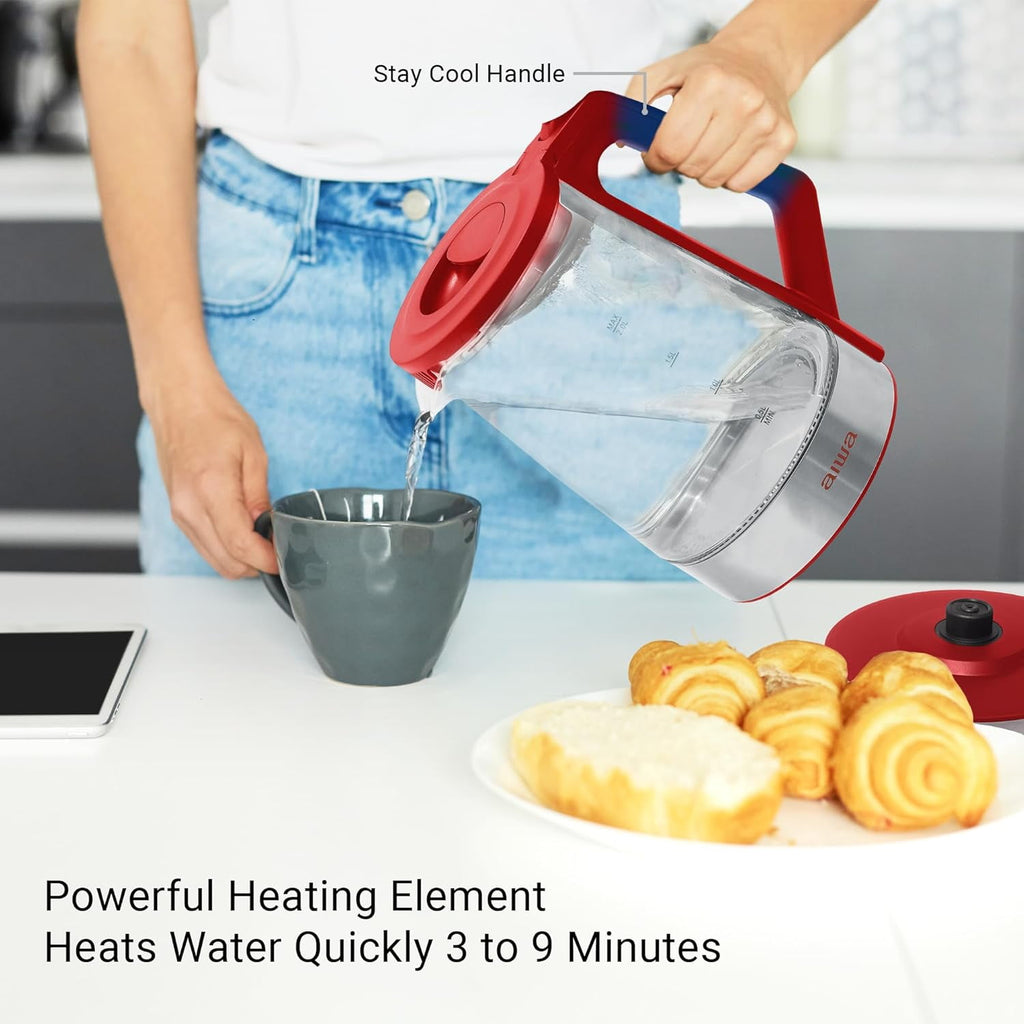 Aiwa 2-Liter Glass Electric Water Kettle, Cordless Hot Water Boiler with Auto-Shutoff, Red