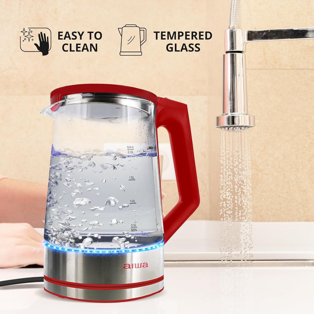 Aiwa 2-Liter Glass Electric Water Kettle, Cordless Hot Water Boiler with Auto-Shutoff, Red