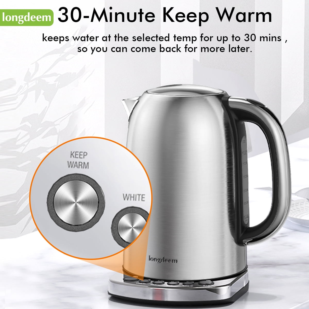 LONGDEEM Electric Kettle with Temp Control, 5 Presets & Keep Warm, 1.7L/1500W Stainless Steel, Silver