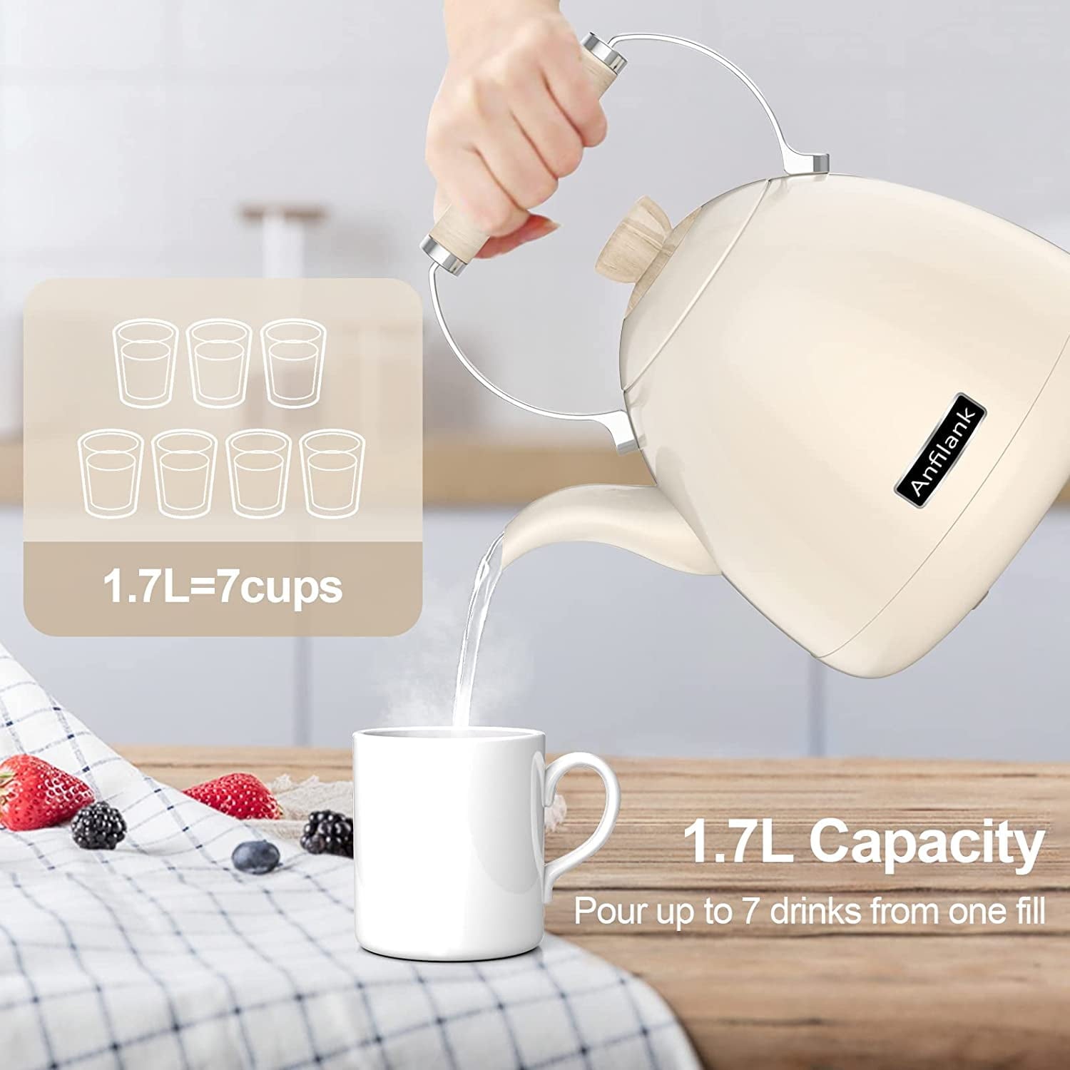 Anfilank 1500 W 1.7-Liter 7-Cup Electric Kettle, Cream with Removable Filter, Boil Dry Protection