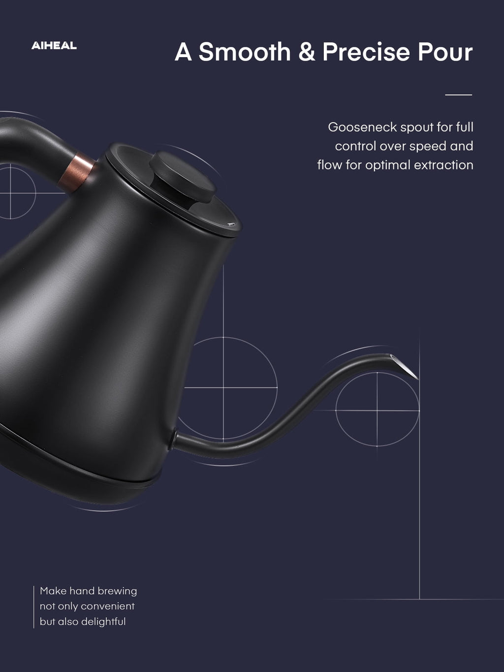 Electric Gooseneck Kettle Temperature Control, Pour Over Electric Kettle for Coffee and Tea, 100% Stainless Steel Inner, 1200W Rapid Heating, 0.8L, Built-in Stopwatch, Matte Black