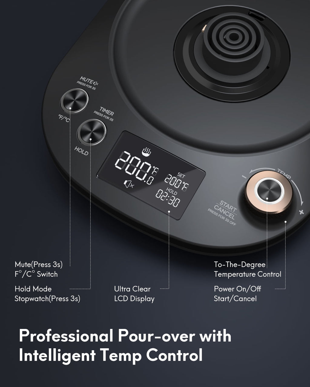 Electric Kettle Temperature Control, Gooseneck 28Oz Pour over Kettle for Coffee & Tea, Safe Stainless Steel Inner, Black